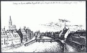 Vue datée de 1673. Sur le côté gauche, du premier plan à l’arrière-plan se trouvent les n°3 (vue partielle), 4, 5, 6, 7 quai Saint-Thomas.