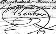 Signature de François-Louis Laubser, lors de la naissance d'un fils (Marie François Louis) le 7 septembre 1850 à Colmar Etat civil numérisé du Haut-Rhin, page numérisée 504 / 506
