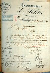 Document d'archive: courrier du Baugeschäft Klein, à propos des travaux concernant le n° 32 quai des Bateliers (1899)