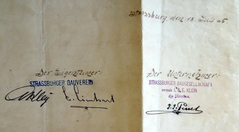 Fichier:Signatures des maîtres d'ouvrage (Strassburger Bauverein) et maître d'oeuvre (Strassburger Baugesellschaft).jpg