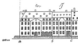 Elévations pour le plan-relief de 1830, la façade avant surélévation est à gauche
