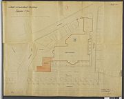 Plan de situation de février 1909. Le plan montre qu'il y avait des immeubles dans l'actuelle cour à l'arrière des bains.