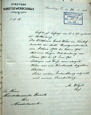 Document d'archive: Réponse de Wetzel, professeur à la Kunstgewerbeschule, à l'architecte Johann Knauth, en date du 24.1.1913