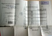 Dessin d'archive : plan de situation et coupe de Samuel Landshut pour les 3 immeubles