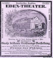 Publicité pour le théâtre Eden, 1887. Il est indiqué qu'il s'agit d'un bâtiment d'apparat provisoire, situé à proximité de la Porte de Pierre (Am Steinthor).