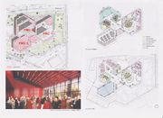 Document remis, pages 2 et 3 : plan masse avec extension en rose, vue de projet de la salle de commission de 500 personnes, plans généraux étage 1 et RDC.