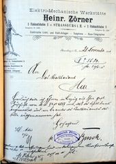 Document d'archive : courrier des Ateliers d'électro-mécanique de Heinrich Zörner, 1901