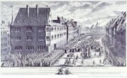 Arrivée de Louis XV dans la rue du Vieux Marché aux Vins en 1744. La maison est visible à gauche.